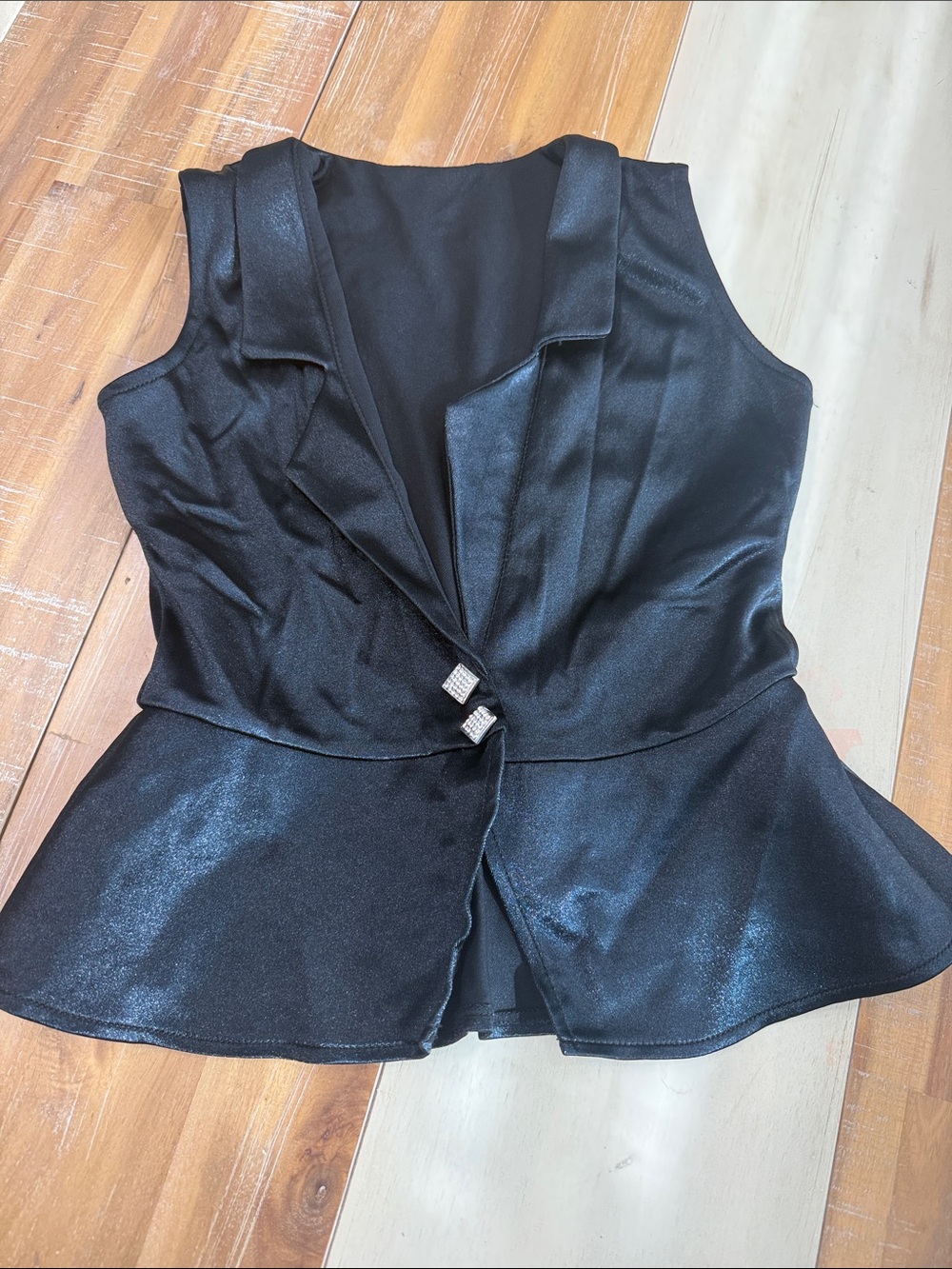 Tenth House Black Satin Peplum Vest with Decorative Rhinestone Buttons